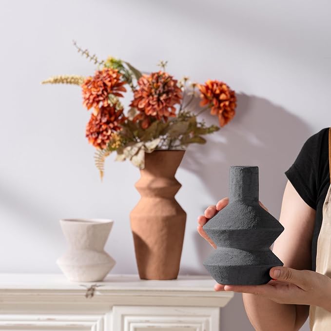 Ceramic Vase Home Table Decor - Flower Vase Set of 3 Living Room Kitchen Decorations Farmhouse Modern Rustic Vases Decorative Centerpiece for Shelf Bedroom Office Bathroom Dining Coffee Desk - Image 4