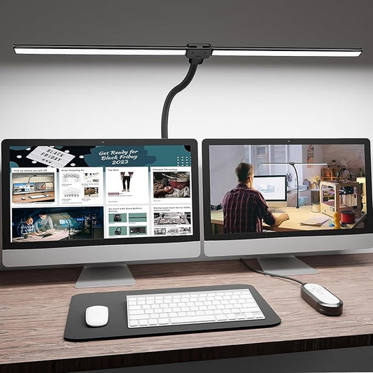 ShineTech LED Desk Lamp for Home Office, 5000K Bright Double Head Architect Task Lamps with Clamp, Dimmable Adjustable Flexible, Black by ShineTech