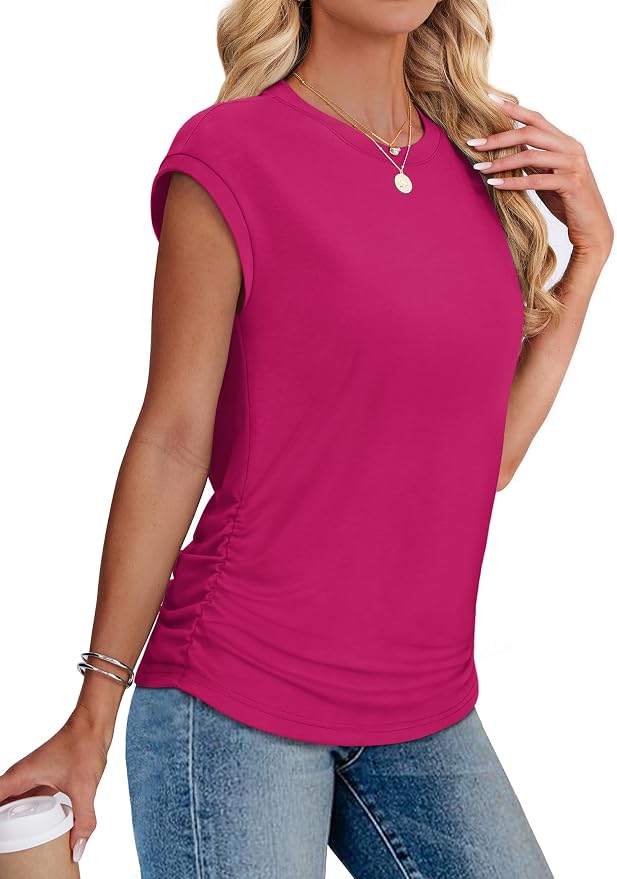 Sampeel Womens Summer Tops Trendy 2026 Ruched Cap Short Sleeve Tshirts Shirts Crew Neck T Shirts Fashion - Image 4