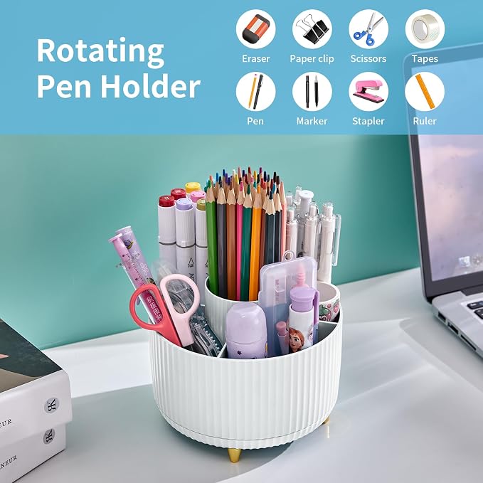 Marbrasse Desk Organizer, 360-Degree Rotating Pen Holder, Desk Organizers and Accessories with 5 Compartments Pencil Holder, Art Supply Storage Box Caddy for Office, Home（White） - Image 3