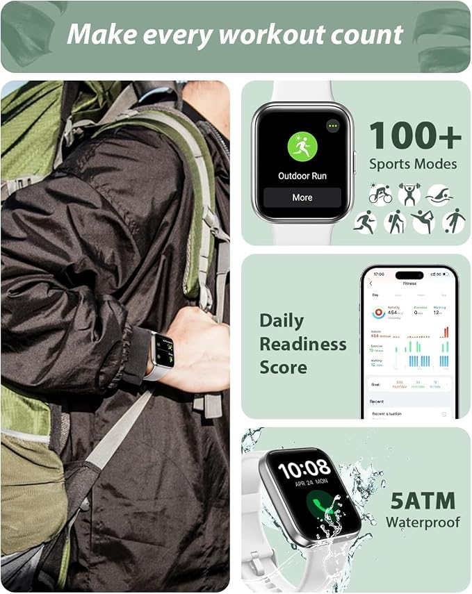 Smart Watch for Women Android & iPhone, Alexa Built-in, 1.8" Touch Screen Fitness Tracker with Answer/Make Calls, IP68 Waterproof Heart Rate/Sleep/SpO2 Monitor, Pedometer, 100+ Sport Modes, White - Image 3