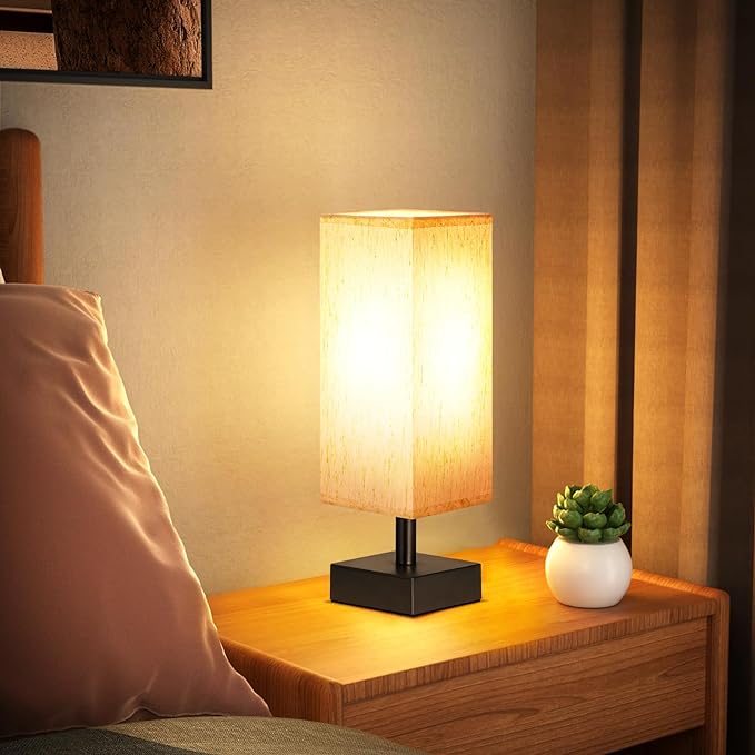 aooshine Small Bedside Table Lamp for Bedroom - Square Cream Fabric Shade | Inline Rocker Switch, Corded Electric, Bulb Not Included, 12.8" Mini Table Lamp for Nightstand, Desk, Dorm, Office - Image 4