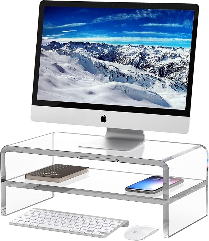 Egchi Acrylic Monitor Stand, 2 Tiers Clear Monitor Riser Computer Stand for Office, Home, Office, 5.12 Inches Hight PC Desk Stand for Keyboard Storage, Premium Platform for Laptop Printer TV Screen by Egchi