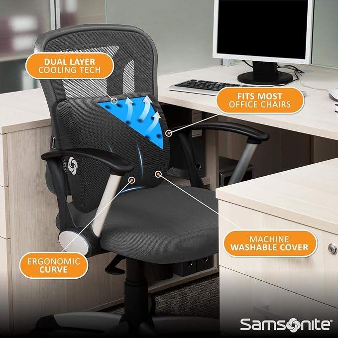 Samsonite Memory Foam Lumbar Support Pillow for Office Chair, Gaming Chair & Car Seat Automotive Use, Home Office Essentials for Sitting Comfort and Posture Relief Back Support, Black with Cooling Gel - Image 4