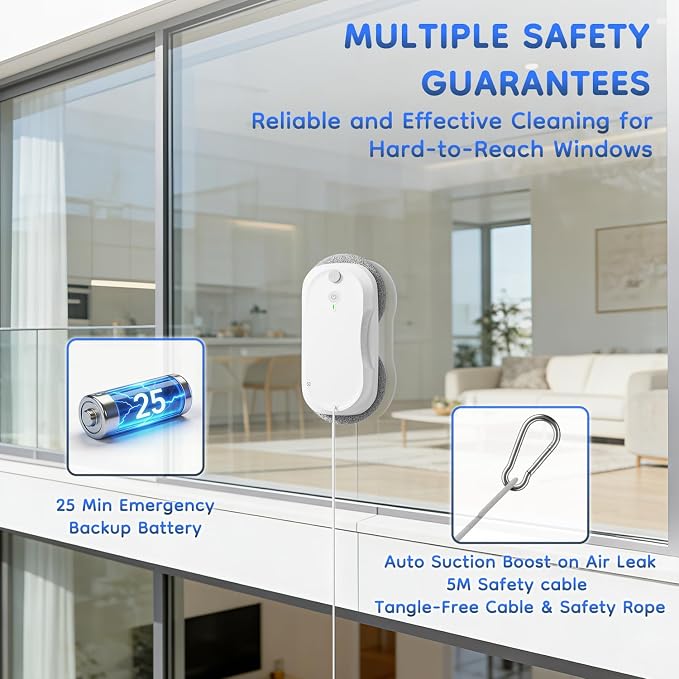 2026 Updated Window Cleaning Robot - Enhanced Battery, Max 6400Pa, Path Planning, Anti-Slipping, Edge Detection, Window Cleaner Robot for High-Rise Windows (2 pairs of nozzles, 10 cloths) (White) - Image 6
