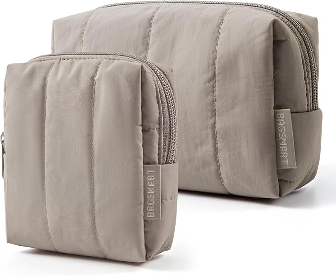BAGSMART Puffy Travel Makeup Bag Duo Large & Small for Women, Greige | Puffy Padded, Travel Cosmetic Organizer with Slip-in Pockets, Large Toiletry Bag & Small Purse Pouch, Travel Essentials by BAGSMART