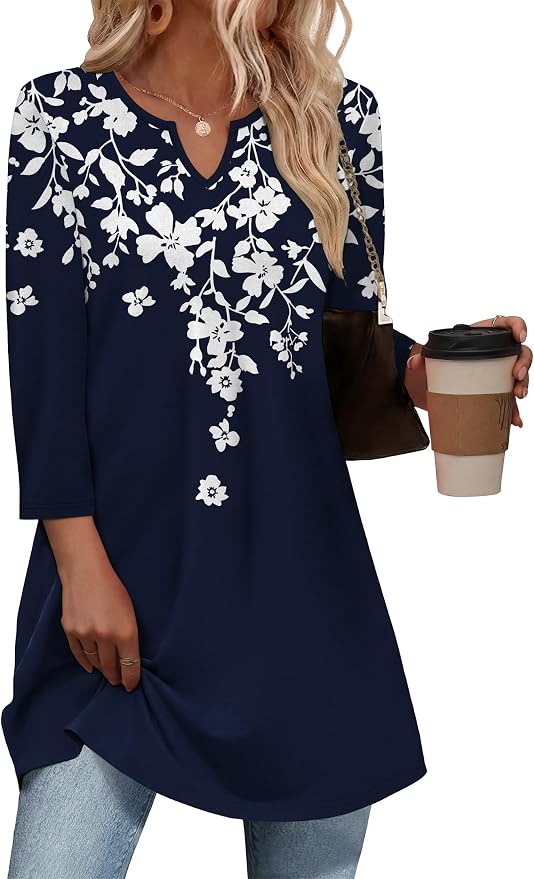 OFEEFAN Summer Boho Tops For Women 3/4 Length Sleeve Womens Tops Vacation Outfits - Image 2