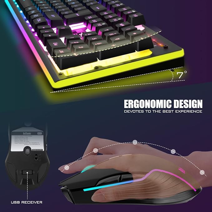 RedThunder K10 Wireless Gaming Keyboard and Mouse Combo, RGB Backlight Rechargeable 3800mAh Battery, 26-Key Anti-ghosting Keyboard + 7D 3200DPI Mice for PC Gamer - Image 5