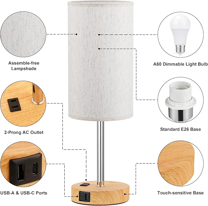 Fenmzee Touch Table Lamp - Cream, 3-Way Dimmable, USB A + C Charging, AC Outlet, 17.4inch Medium, Wood Grain Base - Image 6