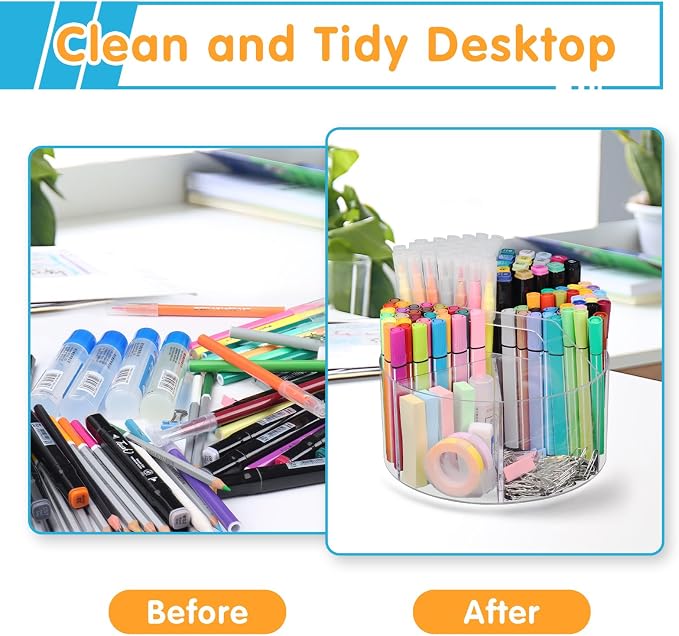 Mefirt Acrylic Pen Holder, 360 Degree Rotating Pen Organizer, Rotating Desk Acrylic Office Organizer with 6 Compartments, Marker Organizer for Kid, Crayon Caddy School Art Supply Storage Organizer - Image 7