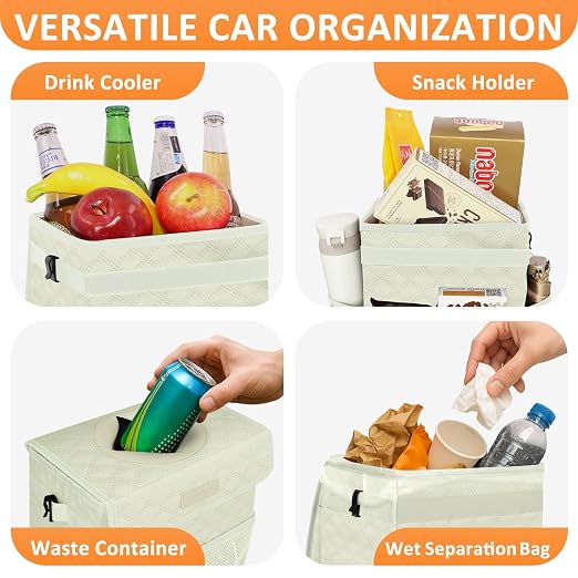 Vankor White Car Trash Can Cute, White Car Accessories for Women Waterproof Automotive Garbage Cans Leak Proof Vehicle Trash Can Diamond Pattern-Beige - Image 6