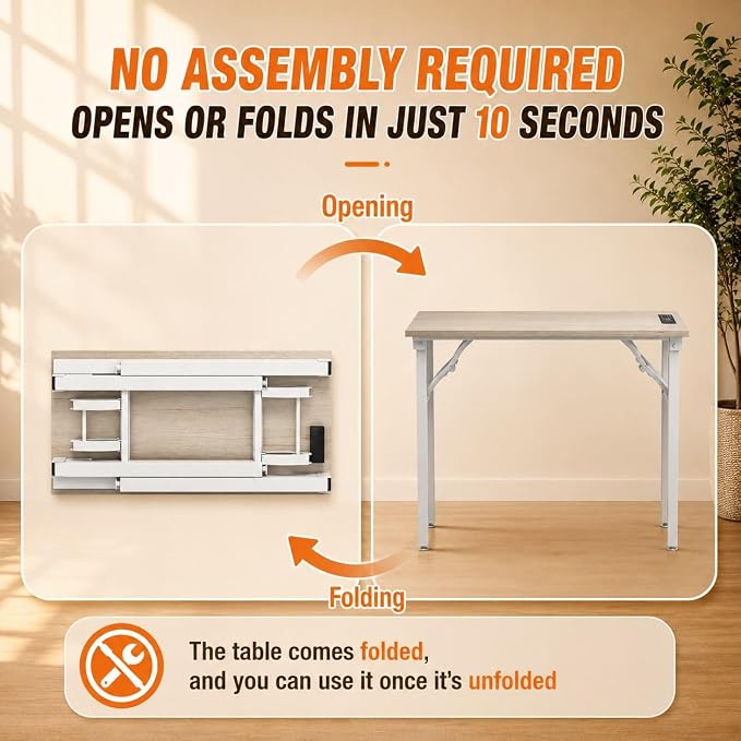 Folding Table Computer Desk - 35.8" No Assembly Folding Desk with Power Outlets & USB Charging Port, Small Desk, Foldable Office Desk, Compact Storage Portable Use for Small Space, White Ash - Image 4