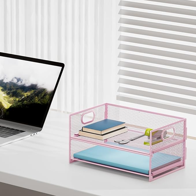 Marbrasse 2 Tier Paper Organizer Letter Tray, Mesh File Organizer with Handle, Paper Sorter Desk Organizer for Home Office Supplies - 2P Pink - Image 3