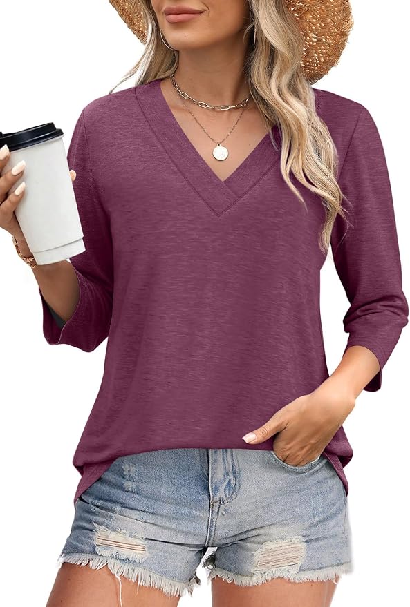 WIHOLL Womens Tops 3/4 Length Sleeve V Neck Casual Tunic Tops Basic Shirts Loose Fit Blouse - Image 2