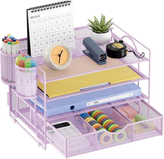 Marbrasse Desk Organizer, 4-Tier Paper File Letter Tray, Purple | Sturdy Paper Tray, File Holder, Built-in Drawer, 2 Pen Slots, fits Letters/Files, for School Home Office Supplies by Marbrasse