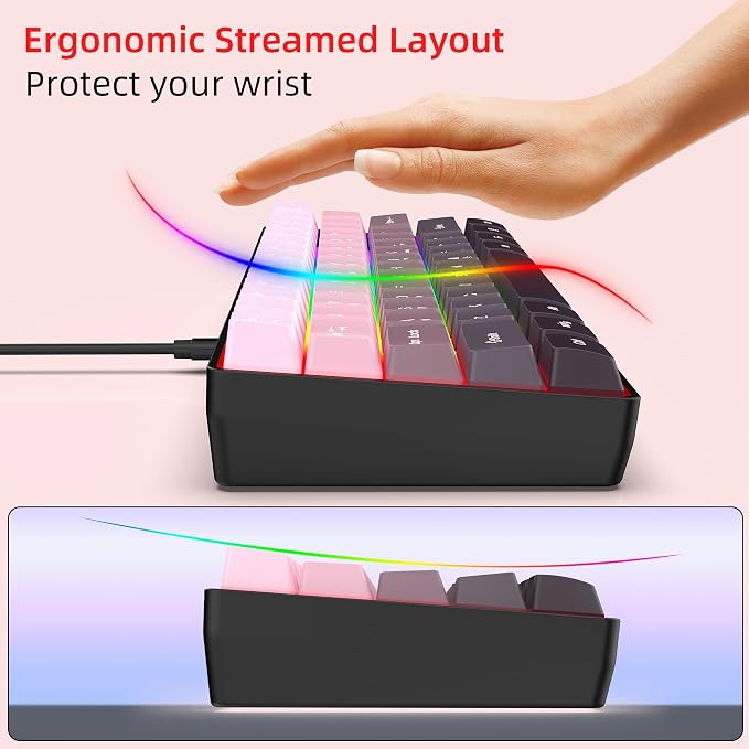 Snpurdiri 60% Wired Gaming Keyboard, Pink-Black | 61 Keys, RGB Backlit Ultra-Compact Small Gaming Keyboard for PC/Mac Gamer, Typist, Travel, Easy to Carry on Business Trip - Image 6