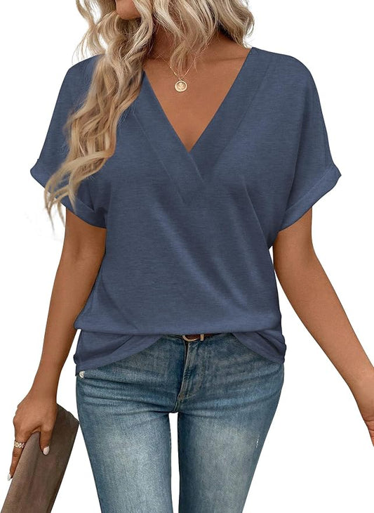 T Shirts Short Sleeve V Neck Tees Womens Tops Beach Vacation Fashion Clothes 2026 Casual Summer Spring Fall Outfits by EyMuseWomensTops