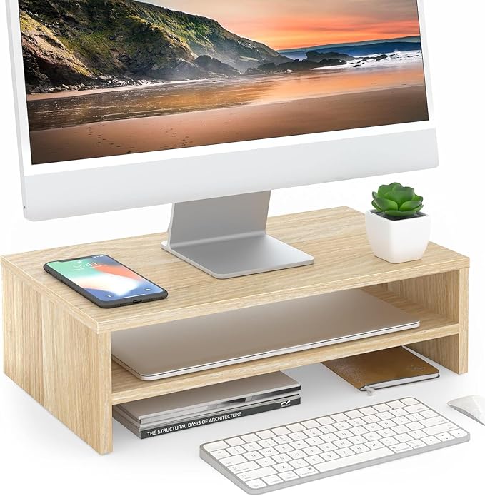 FITUEYES Monitor Stand - 2 Tier Computer Monitor Riser Shelf, Wood Desktop Stand for Laptop Computer Screen, Desk Organization, Office Supplies by FITUEYES