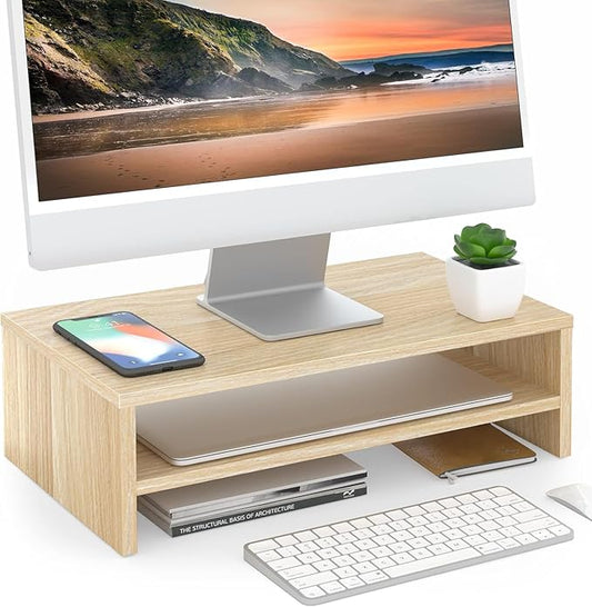 FITUEYES Monitor Stand - 2 Tier Computer Monitor Riser Shelf, Wood Desktop Stand for Laptop Computer Screen, Desk Organization, Office Supplies by FITUEYES
