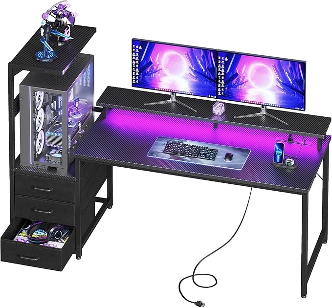 AODK Gaming Desk w/PC Showcase Stand, 59" Reversible, RGB LED, Black | Elevated stand fits Lian Li O11, Hyte Y60. Triple drawers hide cables, controllers, clutter by AODK