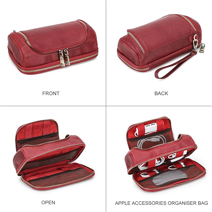 Hiram Handmade Crazy Horse Leather Tech Organizer Travel Case – Accessories Organiser Bag for Laptop, Tablet & Cell Phone, Double Compartment Charger Organizer Travel Case Red - Image 8