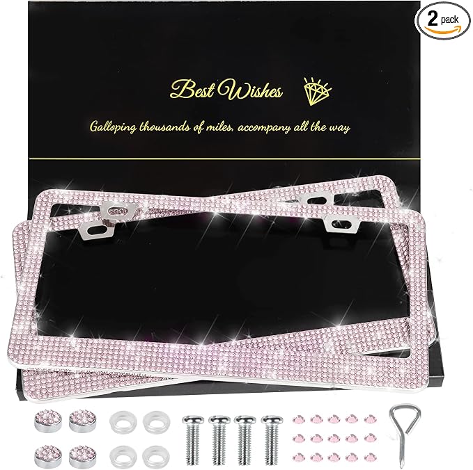 QUANQIUFEI 2 Pack Bling License Plate Frames for Women, Sparkly Rhinestone Diamond Car Accessories with Glitter Crystal Caps (Pink) by QUANQIUFEI