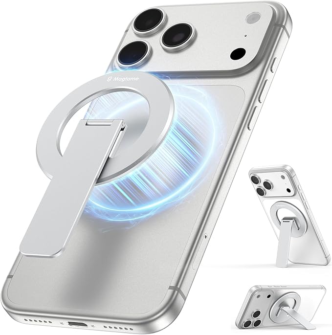 Magnetic Phone Stand Grip, 3-in-1 for MagSafe Phone Holder & Kickstand, Durable Silver Aluminum Grip, Ultra-Slim 2mm, 360° Rotation, Detachable for MagSafe Charging, Works with iPhone 17–12 by Magtame