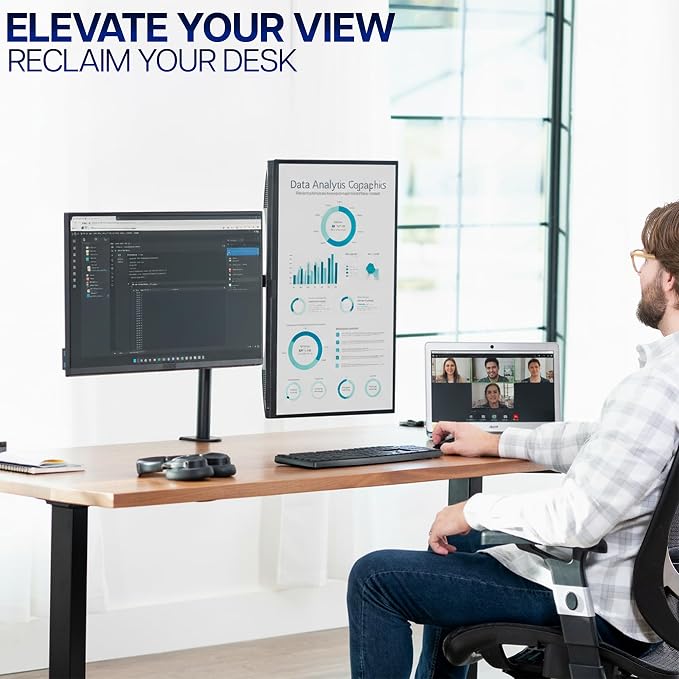 VIVO Dual Monitor Desk Mount, Holds 2 Computer Screens up to 30 inches and 22lbs Each, Heavy Duty Fully Adjustable Steel Stand with C-Clamp and Grommet, Black, STAND-V002 | Black, Articulating, Adjustable Monitor Arm, Grommet or C-Clamp Mounting, Compu... - Image 9