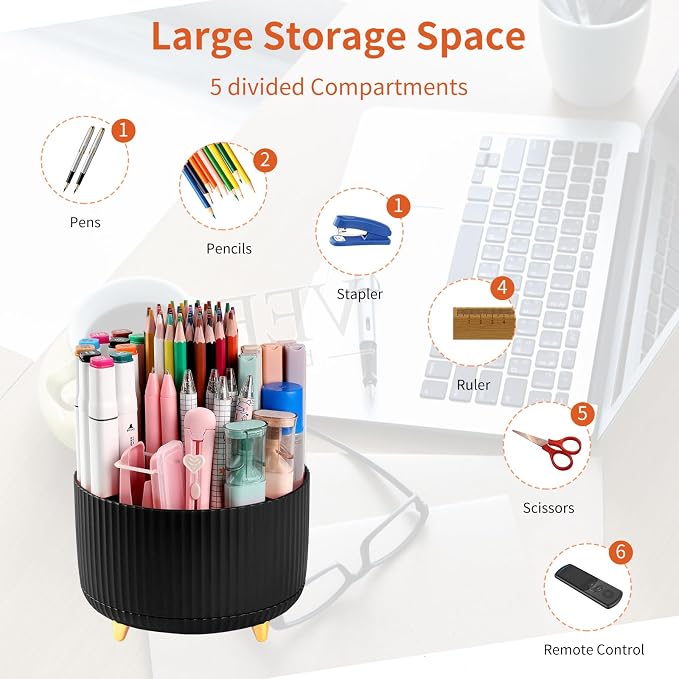 Desk Pencil Pen Holder, 5 Slots 360°Degree Rotating Pen Organizers for Desk, Desktop Storage Stationery Supplies Organizer, Cute Pencil Cup Pot for Office, School, Home, Art Supply, Black - Image 3