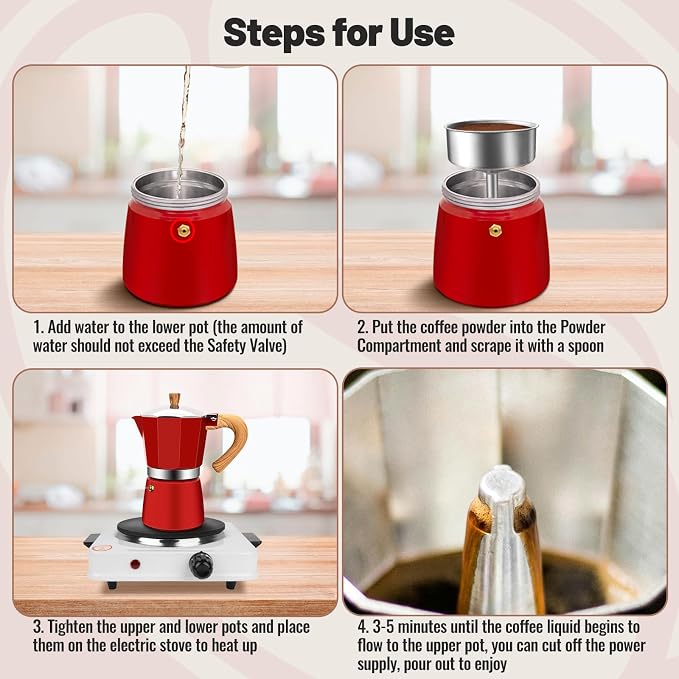 9 Cup Aluminum Moka Pot Classic Stovetop Espresso Coffee Maker 450ml 15oz Coffeemaker Percolator Mocha Pot Greca Coffee Maker Cafe Makers for Italian and Cuban Café Brewing Red - Image 8