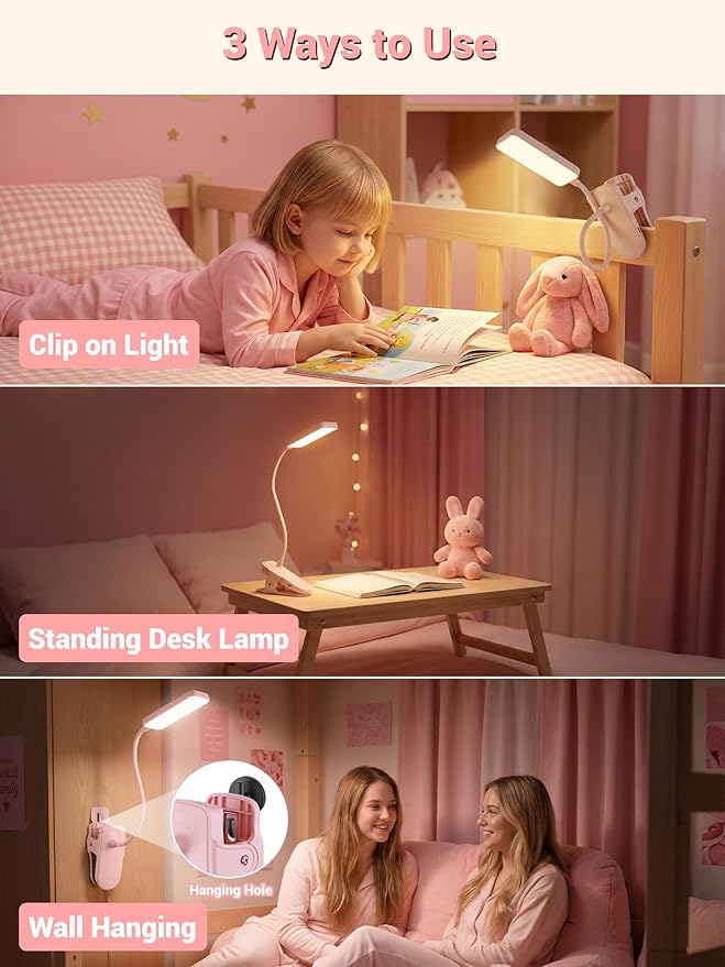 Pink Desk Lamp for Dorm Lamp, 9 Brightness+5 Color Clip on Light, Cute Lamp | 4000mAh Battery Rechargeable, Small Pink Lamp for Girls/Kids, Cordless Clip on Reading Light for Bed/Headboard/Bedside Table - Image 7