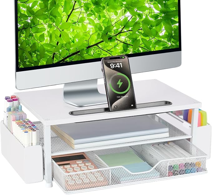 AUPSEN White Monitor Stand Riser, 2-Tier Wood Computer Desk Organizer with Drawer, Pen Storage & Phone Holder, Office Desk Accessories Desktop Organizer for Office Supplies by AUPSEN