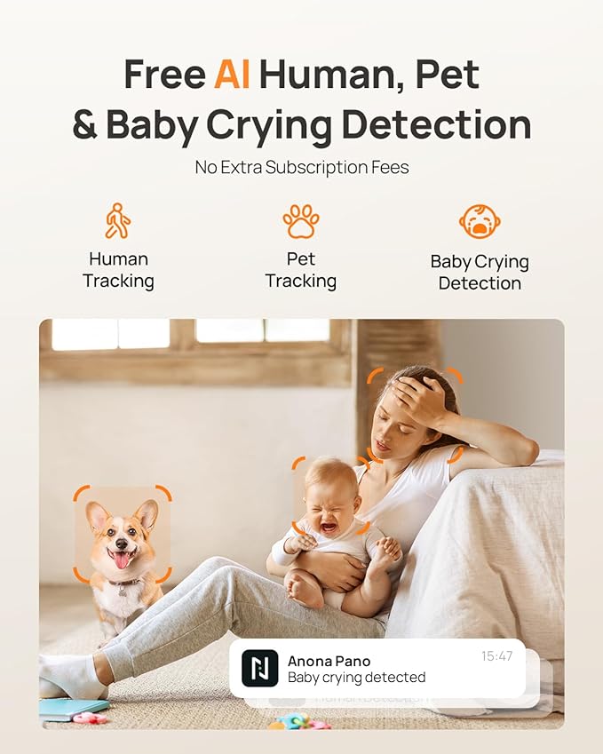 Anona Pano 4K UHD Indoor Camera, Pet/Dog/Baby Security Camera with Phone App, 360° Pan-Tilt, 2.4G/5G Dual-Band Wi-Fi 6, Auto-Tracking, Person/Pet/Baby Crying Detection, Privacy Mode, Two-Way Audio - Image 4