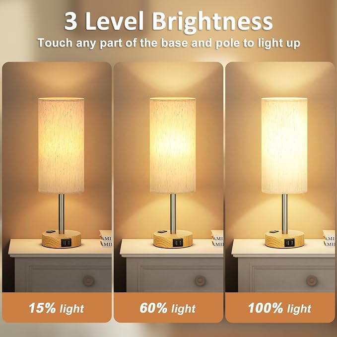 Fenmzee Small Touch Table Lamps Set of 2-3-Way Dimmable, USB A + C Charging, AC Outlet, Wood Grain Base, Bulbs Included - Image 3