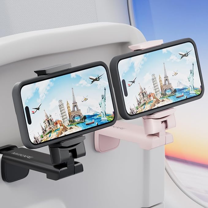 MiiKARE Travel Essentials Airplane Phone Holder, Universal Handsfree Phone Mount for Flying with 360 Degree Rotation, Travel Must Haves Phone Stand for Desk, Tray Table, Black&Pink by MiiKARE