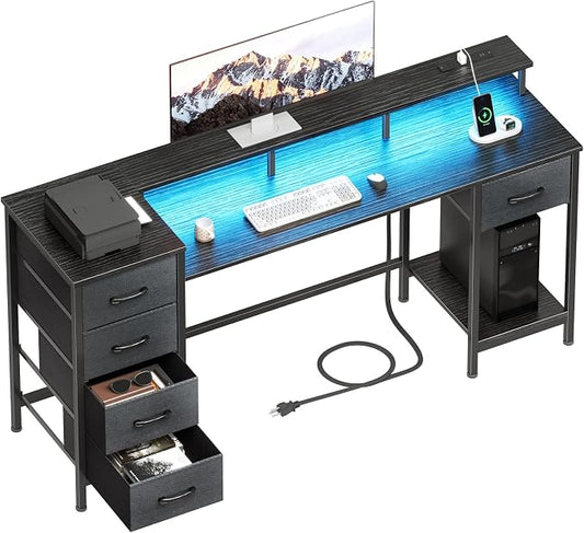 Korfile 55 Inch Gaming Computer Desk with Power Outlets,LED,5 Drawers,Black | For gaming and working,built-in power outlets and LED lights,5 fabric storage drawers, fits 55-inch, monitor stand,,black by Korfile