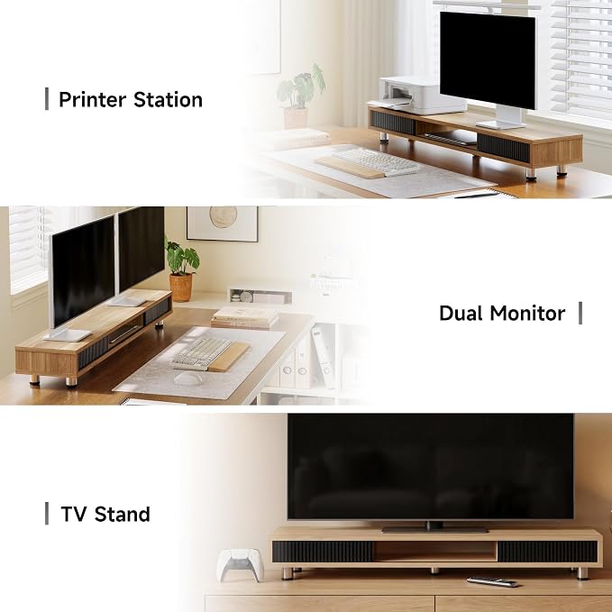 Fenge Dual Monitor Stand, 42.5inch Long Monitor Stands Riser for 2 Monitors, Glass Sliding Door with Storage Organizer Stand for Desk, 2 Tier Desk Shelf for Laptop, Pc, Printer, Computer, TV - Image 5
