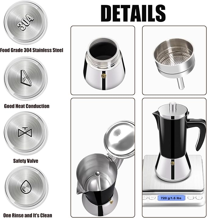 6 Cup Thickened 304 Stainless Steel Moka Pot Stovetop Espresso Maker Cafeteras Italian Percolator Espress Makers Capable Greca Mocha Coffee Machine for Induction Home and Camping 300ml 10oz - Image 7