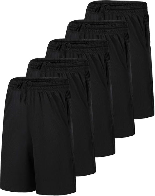 5 Pack Men's Mesh Shorts Athletic Basketball Sports Gym Workout Pockets | Cooling Moisture-Wicking, 9", Long, Quick-Dry, Breathable, Elastic Drawstring Waistband. Running, Exercise, Soccer, Training. by RealEssentials