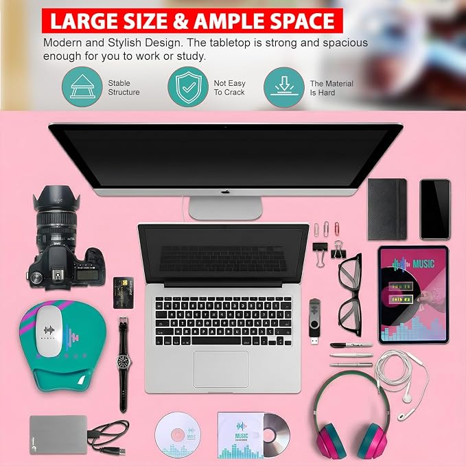 PayLessHere | 55 Inch Computer Desk | Pink | Office Desk with Metal Frame, Adjustable Feet | Water-Resistant, Scratchproof Surface | Sturdy Writing Table for Home Office or Study | Pack of 1 - Image 4