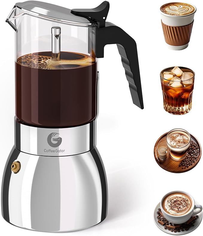 Coffee Gator 9 Cup Moka Pot, 15oz Stovetop Espresso Maker for Italian Coffee, Transparent Glass & Stainless Steel Design, Silver, 450ml by CoffeeGator