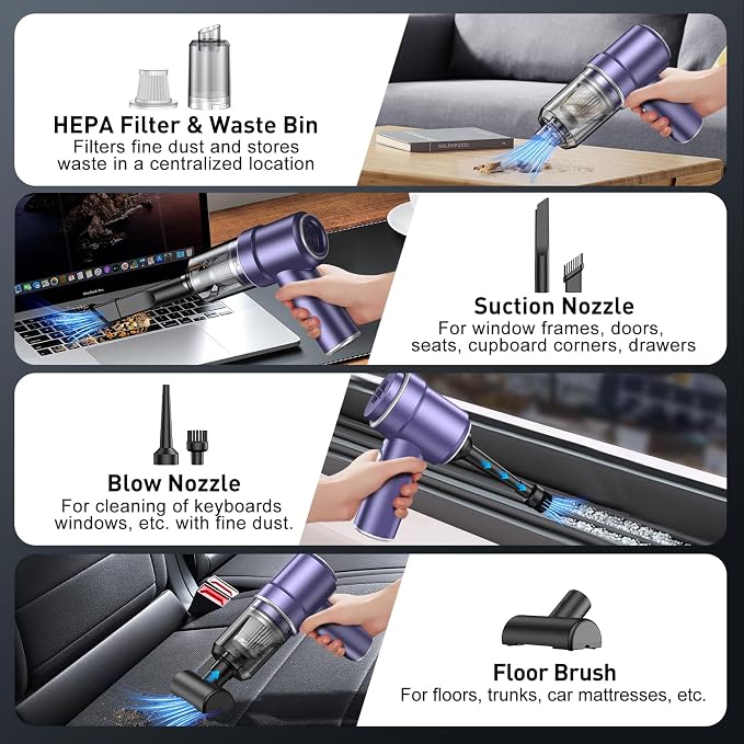 KMM Handheld Car Vacuum Cleaner, 9000PA Vacuum Cleaner & Air Duster, 120W High Power Vacuum Portable Cordless, Hand Held Vacuum Rechargeable with Multi-Nozzles & LED Light for Home, Car, Office - Image 4