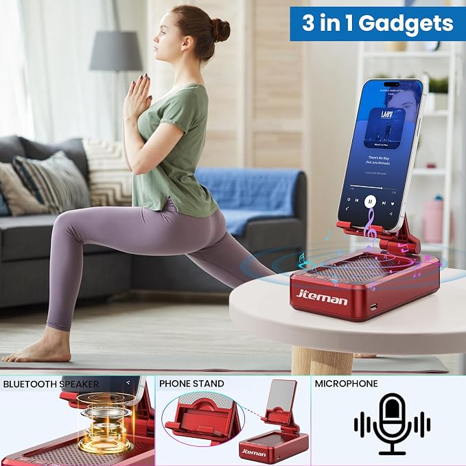 JTEMAN Portable Phone Stand with Speaker Bluetooth Wireless,Gifts for Men Women,Birthday for Women,Kitchen Gadgets for Men,Phone Holder for Desk - Red - Image 2