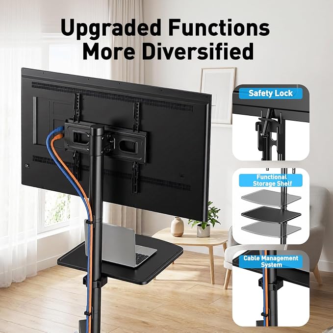 PERLESMITH Rolling TV Stand for 23-63 Inch Flat/Curved Screen TVs up to 88 lbs, Mobile TV Stand on Wheels, Portable TV Stand with Tilt & Height Adjustable,Outdoor TV Stand Max VESA 400x400mm - Image 5