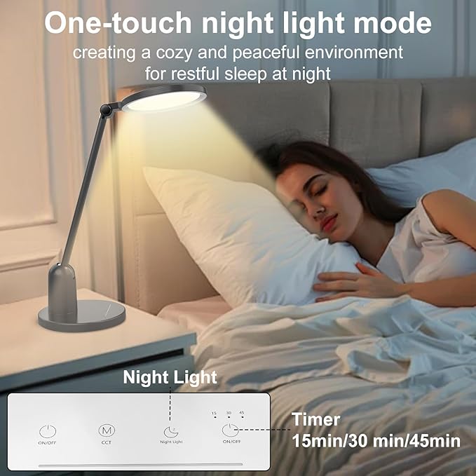 Desk Lamps for Home Office with Stable Base, 1000LM Ultra Bright Eye-Caring LED Desk Light, 3000K-6000K Dimmable Table Lamp with Stepless Dimming & Timing Function for Work, Reading, Bedroom, Bedside - Image 5