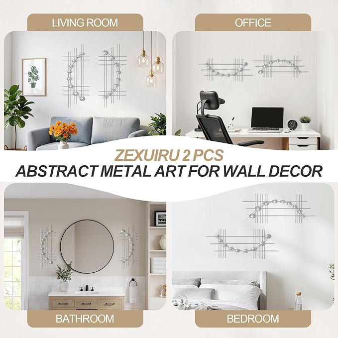 ZEXUIRU 2 Pcs Abstract Metal Art for Wall Decor Living Room Bedroom Bathroom Office Metal Bling Modern Geometric Hanging Vertical Small Iron Sculpture Plaque Pack -Silver 15.7in - Image 6
