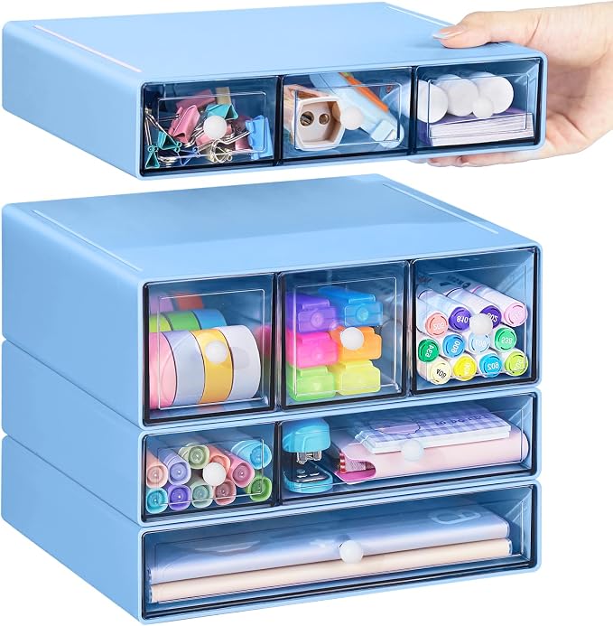 Desk Storage Organizer with 9 Drawers, 4 Tiers Stackable Desktop Craft Storage Drawers, Clear Storage Box Caddy for Stationary Makeup Jewelry Office Craft Supplies (Blue) by FODIENS