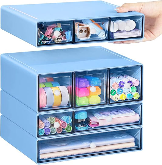 Desk Storage Organizer with 9 Drawers, 4 Tiers Stackable Desktop Craft Storage Drawers, Clear Storage Box Caddy for Stationary Makeup Jewelry Office Craft Supplies (Blue) by FODIENS
