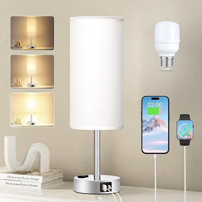 Fenmzee White Touch Bedroom Table Lamp - 3 Way Dimmable Bedside Lamp USB C A Charging Ports and AC Outlet, Small Lamp Nightstand with Silver Base for Living Room, Office Desk, LED Bulb Included by Fenmzeelighting