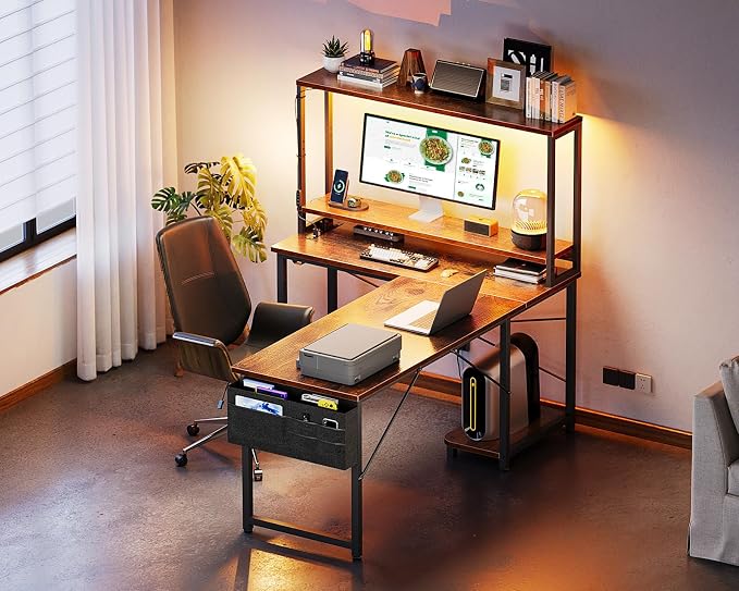 ODK 53" L Shaped Gaming Desk with Shelves, LED & Outlets, Vintage | Headset hook. Storage bag. Shelves for stationery & accessories. LED for late-night gaming. Reversible. Fits dual monitors. - Image 8